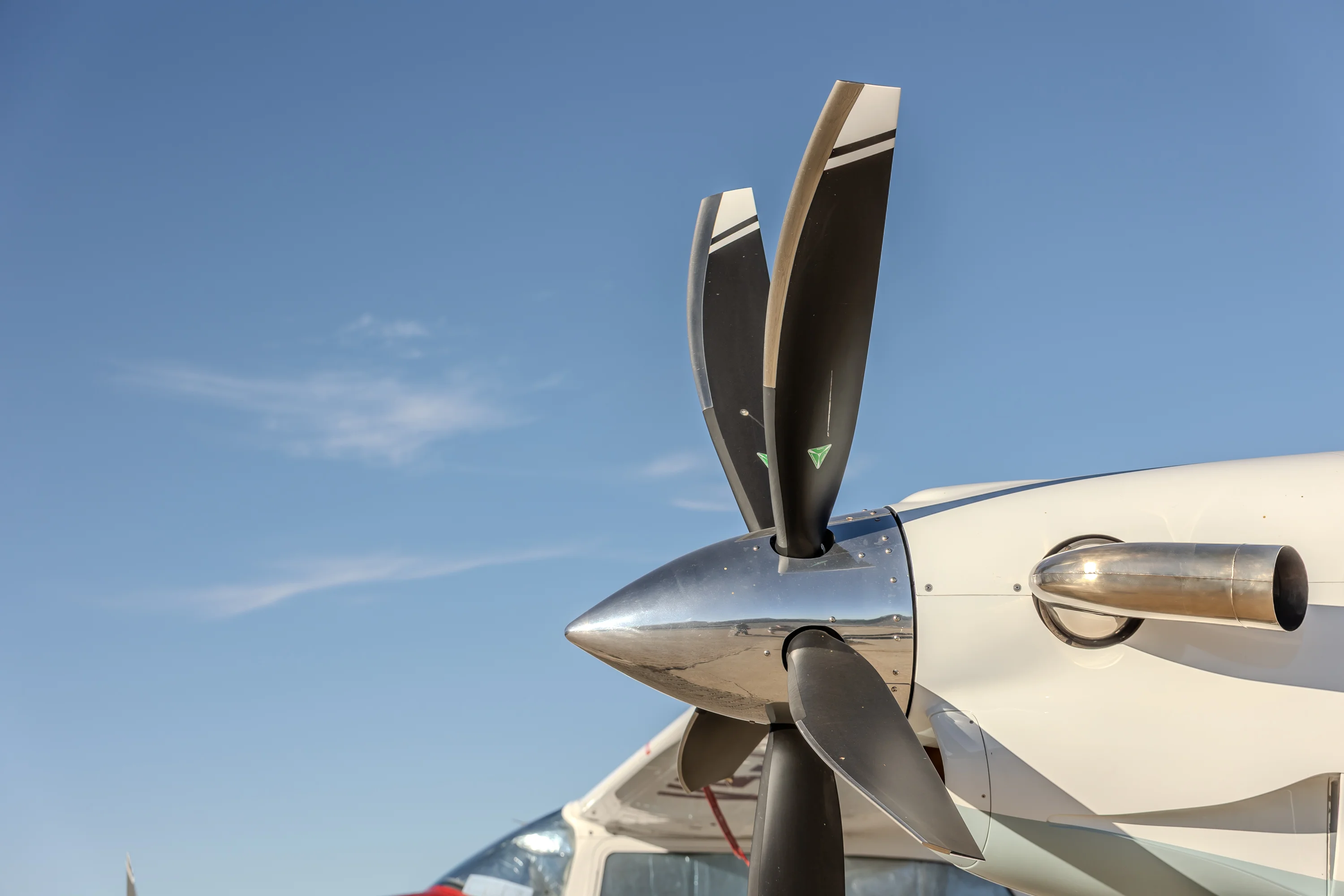 Propeller fitted to an aircraft outside the hangar
